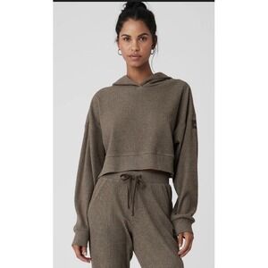 NWT ALO YOGA Muse Cropped Ribbed Hoodie Size Small Olive Tree Heather